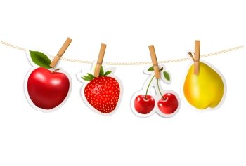 Fruit stickers hanging on a rope. Vector.
