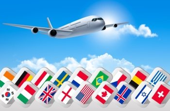 Airplane travel background with flags of different countries. Vector. 