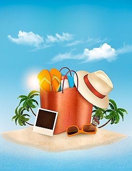 Vacation concept. Palm tree, photos and a bag full of beach clothes. Vector.