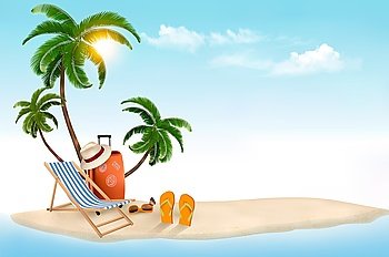 Tropical island with palms, a beach chair and a suitcase. Vacation vector background. Vector.