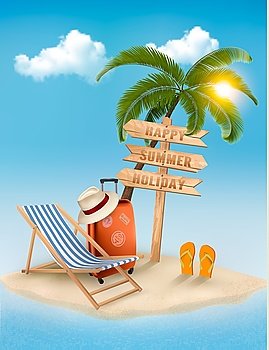 Beach with a palm tree, a direction sign and a beach chair. Summer vacation concept background. Vector