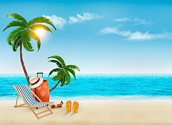 Tropical seaside with palms, a beach chair and a suitcase. Vacation vector background. Vector.