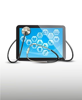 Tablet with medical icons and a stethoscope. Vector.