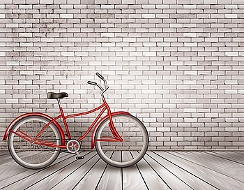 Bicycle in front of a grey brick wall. Vector.
