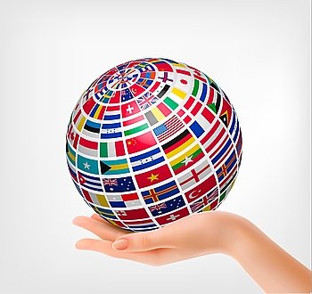 Flags of the world on a globe, held in hand. Vector illustration