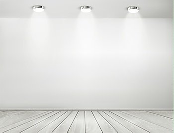 Grey room spotlights and wooden floor. Showroom concept. Vector. 