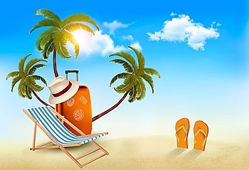 Tropical seaside with palms, a beach chair and a suitcase. Vacation background. Vector.