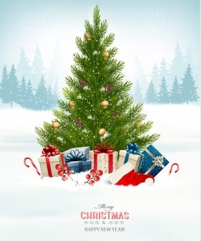 Holiday background with a christmas tree and presents. Vector