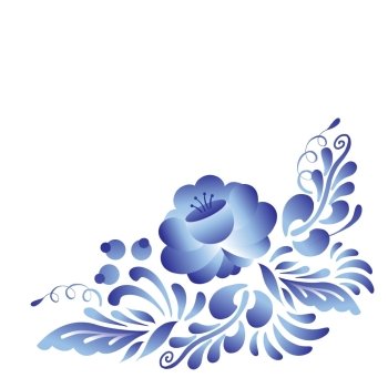 Blue flower in gzhel style. Blue and white floral corner frame in russian gzhel style. Folk vector decoration with flowers and leaves for web and print design.