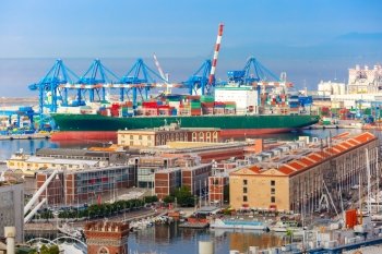 Porto Antico Genova, container and passenger terminals in seaport of Genoa on Mediterranean Sea, Italy.