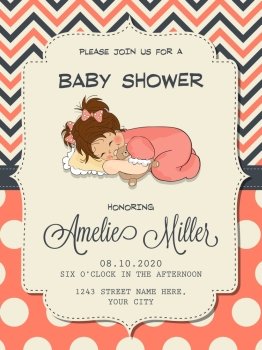 Beautiful baby girl shower card with cute little girl, vector format