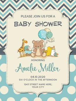 Beautiful baby boy shower card with toys, vector format