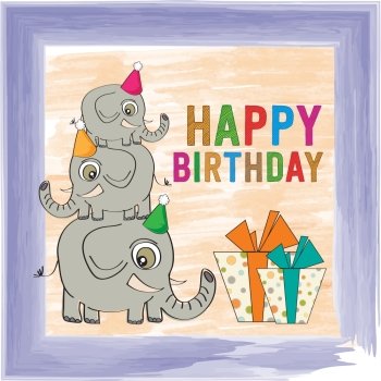 childish birthday card with funny elephants, vector format