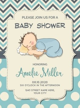 Beautiful baby boy shower card with little baby, vector format