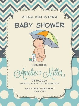 Beautiful baby boy shower card with little baby under umbrella, vector format