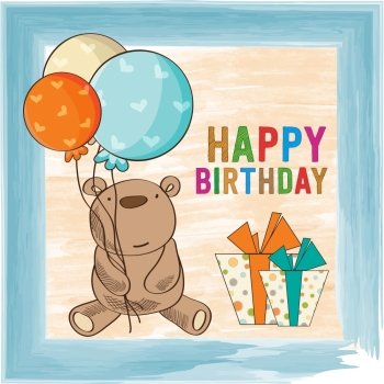 childish birthday card with teddy bear, vector format