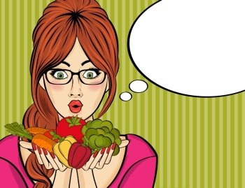 Surprised pop art  woman that holds vegetables  in her hands . Comic woman with speech bubble and healthy food. Vector image.