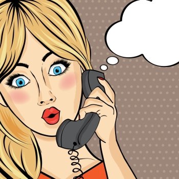Surprised pop art  woman chating on retro phone . Comic woman with speech bubble. Pin up girl. Vector illustration