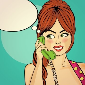 Surprised pop art woman chatting on retro phone . Comic woman with speech bubble. Pin up girl. Vector illustration.