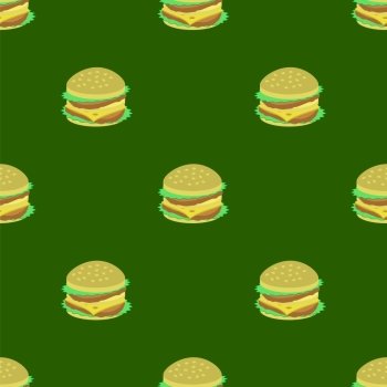 Hamburger Seamless Pattern on Green Background. Set of Sandwiches. Unhealthy Fast Food. Hamburger Seamless Pattern on Green Background
