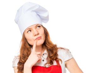 thoughtful woman cook on a white background
