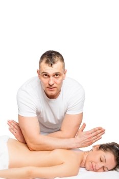 Portrait of a masseur with the patient in the salon, isolated photo
