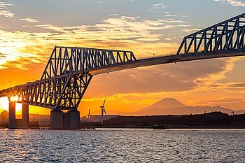 Tokyo landmark, Tokyo Gate Bridge and Mountain Fuji at sunset