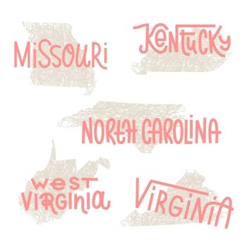 Missouri, Kentucky, North Carolina, West Virginia, Virginia USA state outline art with custom lettering for prints and crafts. United states of America wall art of individual states