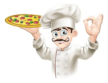 A happy cook from a pizzeria or Italian restaurant holding a pizza