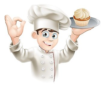 Illustration of baker holding a tray with a cupcake on it
