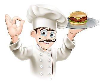 Illustration of a chef holding a gourmet burger on a tray