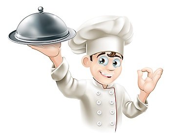 Cartoon illustration of a happy restaurant chef holding a metal food platter