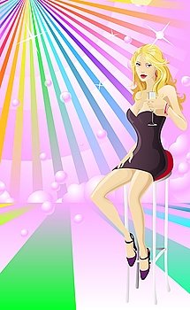 Beautiful woman seated on barstool drinking champagne background illustration