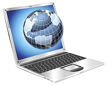 Internet concept illustration. Laptop with illuminated globe flying out of screen.