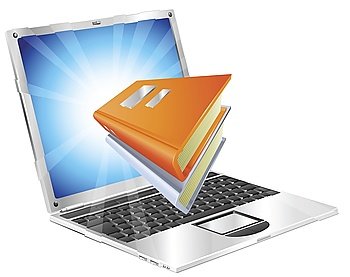 Book icon coming out of laptop screen concept for ebooks, reader apps,  online database, elearning.