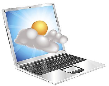 Weather sun and cloud icon coming out of laptop screen concept
