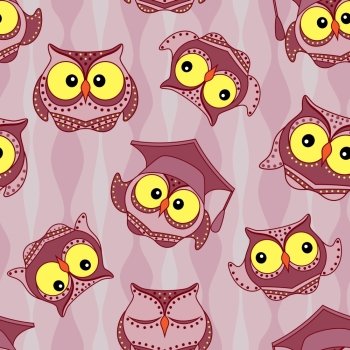 Amusing owls with big yellow eyes on the wavy background, seamless vector pattern