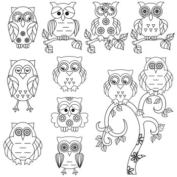 Set of various ornamental owl and tree outlines isolated on the white background, cartoon vector childish illustration