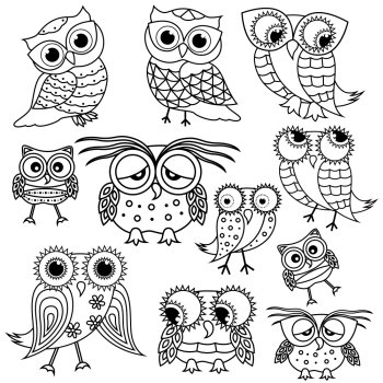 Set of eleven funny cartoon owl outlines with big eyes and with glasses isolated on the white background, vector illustration