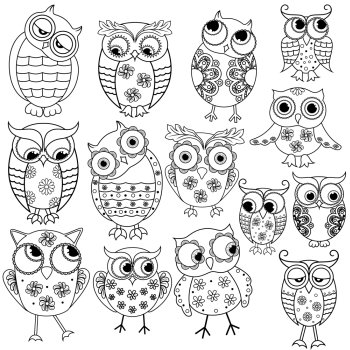 Set of fourteen cartoon ornate amusing owl outlines with big eyes isolated on the white background, vector illustration