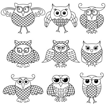 Set of nine stylized cartoon ornate funny owl outlines with big eyes isolated on the white background, vector illustration