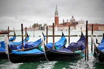 Gondolas and San Giorgio Maggiore church in the background, Venice, Italy