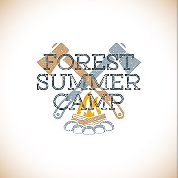vector colored vintage summer forest camping logo with bonfire fireplace and axes grunge textured sign isolated light background 
