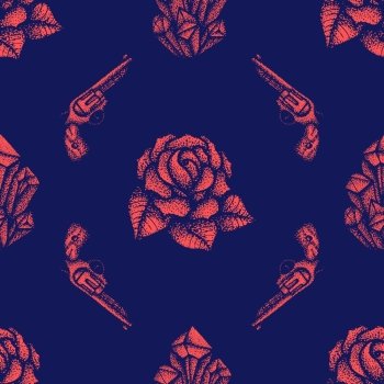 vector monochrome red color hand drawn engraving rose flower revolver pistols crystals illustration on dark blue isolated background deco seamless pattern
