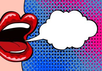 Pop art retro comic style vector illustration. Close up woman’s talking. Red lips. Speech bubble
