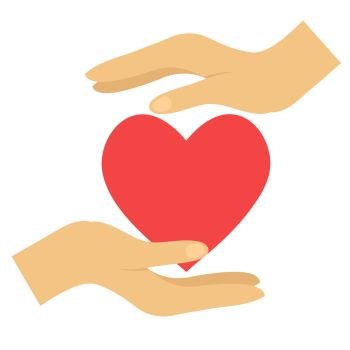 Red heart in hands on white, flat vector icon illustration