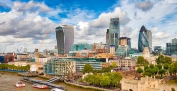 London modern skyline along river Thames on a beautiful sunny day.