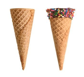 ice cream cones with chocolate and sprinkles isolated on white background