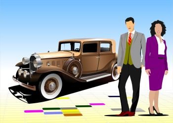 Old car with businessmen couple. Vector illustration