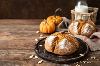 Pumpkin bread. Homemade wholemeal rye yeast-free bread with pumpkins